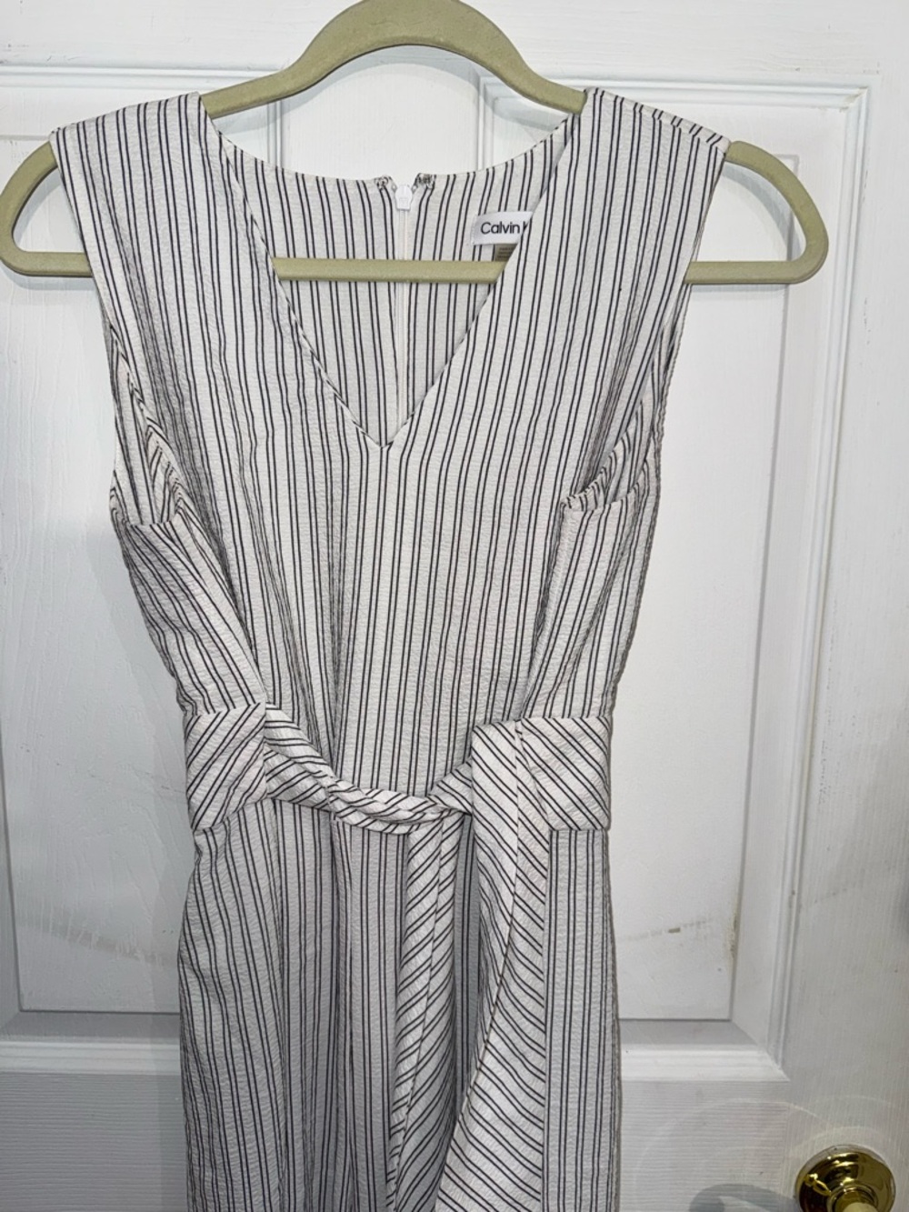 Calvin Klein White and Black Striped V-Neck Jumpsuit 4